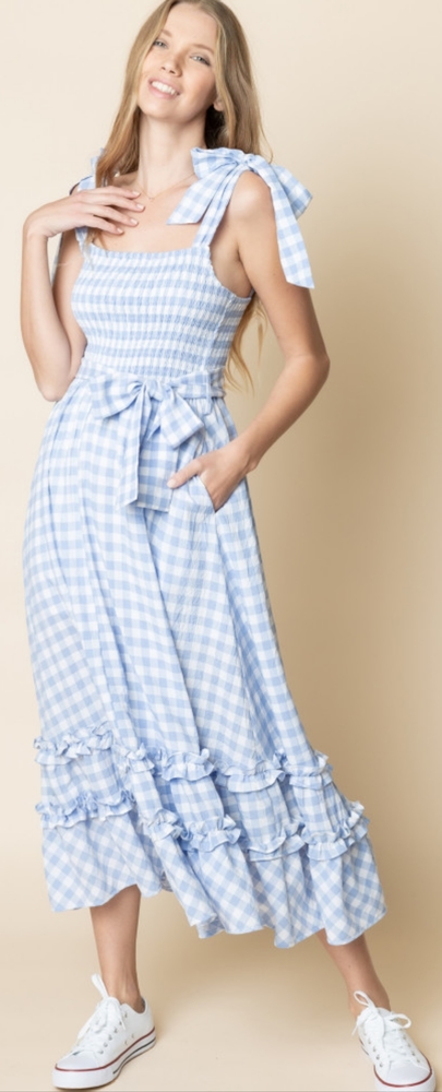Blue gingham ruffle midi